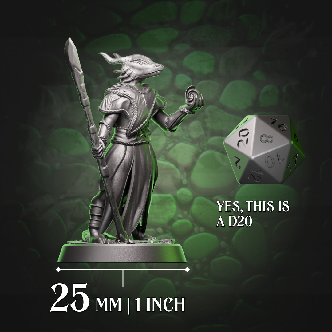 Dragonborn sorceress miniature shown at 25mm scale with d20 for tabletop reference