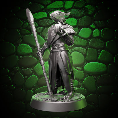 Side profile of dragonborn sorceress channeling a cantrip, staff grounded, layered cloth and bindings visible