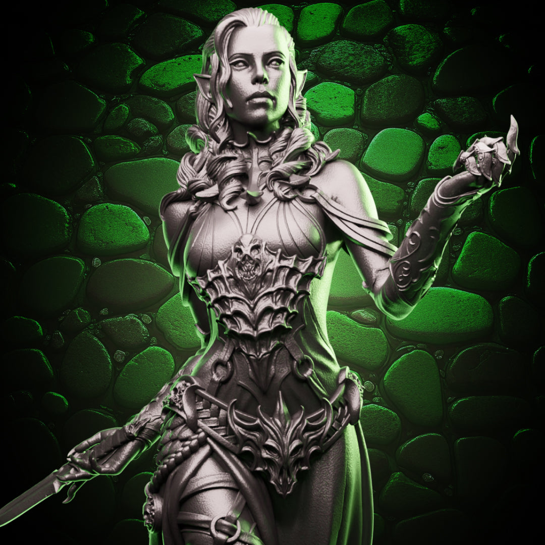 Elf Warlock miniature standing in an arcane aura, holding a dagger on a 25mm base