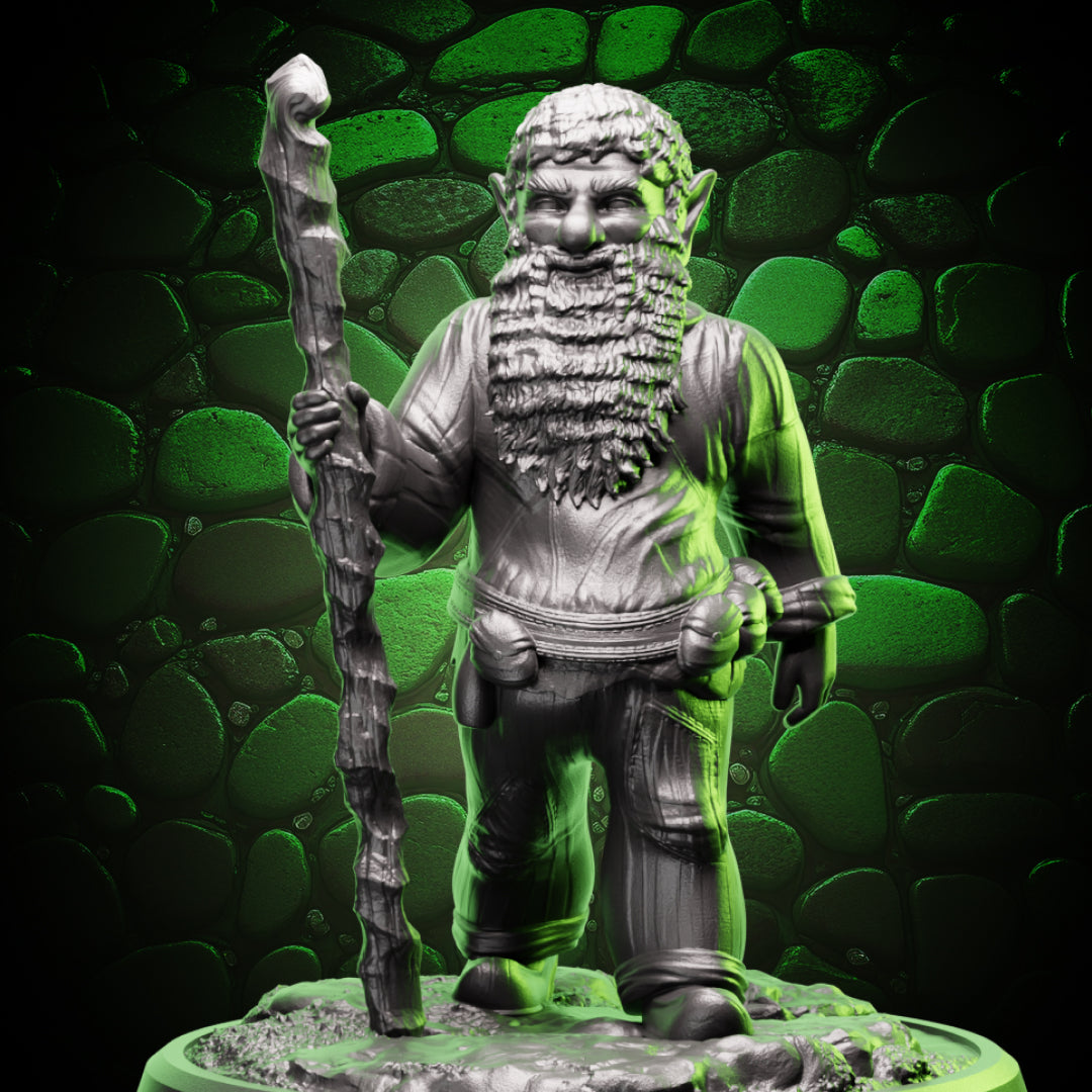Gnome druid with staff and long beard, nature spellcaster character for D&D and Pathfinder tabletop RPGs