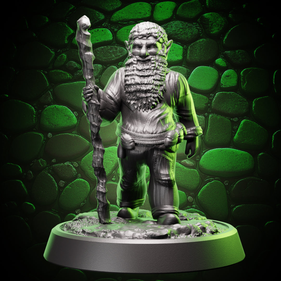 Front view of gnome druid holding a wooden staff, long beard, tunic folds, and belt pouches