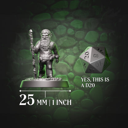 Gnome druid with staff beside a D20 for 25mm scale reference, compatible with D&D and Pathfinder