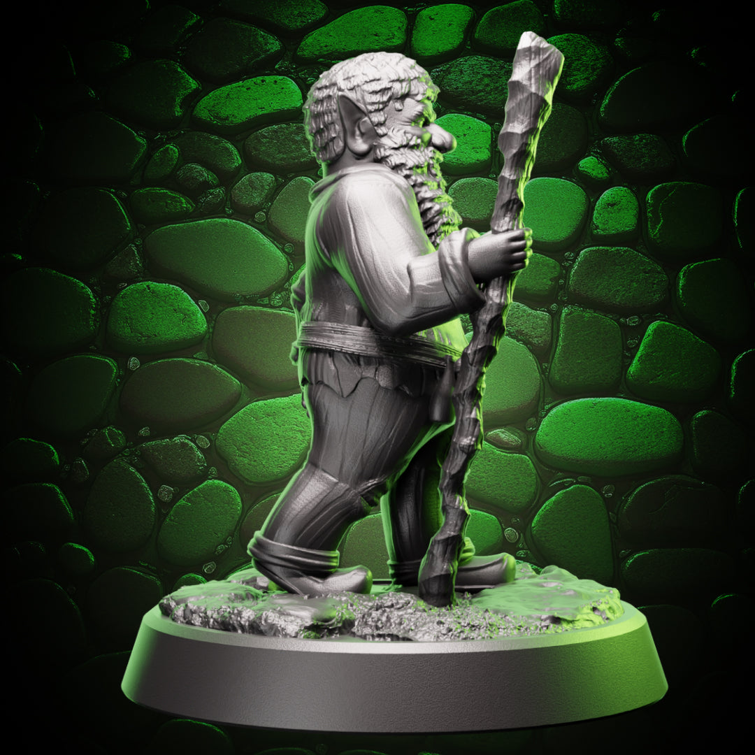 Side view of gnome druid with staff showing beard texture, sleeve folds, and woodgrain staff detail