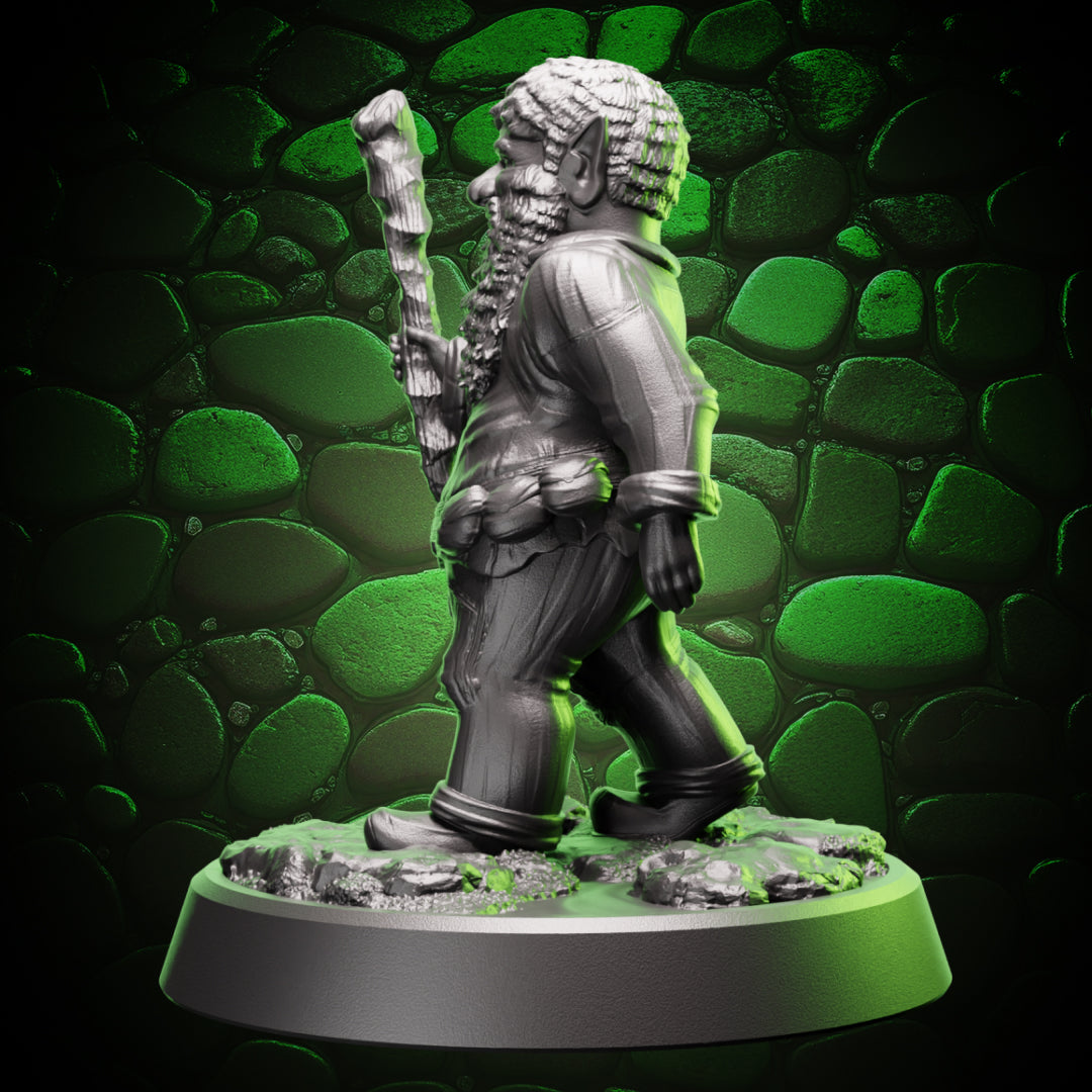 Alternate side angle of gnome druid with staff, sturdy stance and clear clothing texture for painters