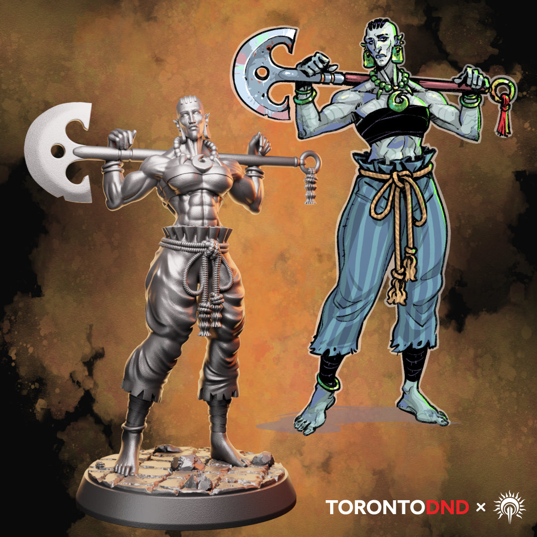 Side-by-side comparison of the Goliath Barbarian miniature and the original character art by Jesse McGibney used for sculpting