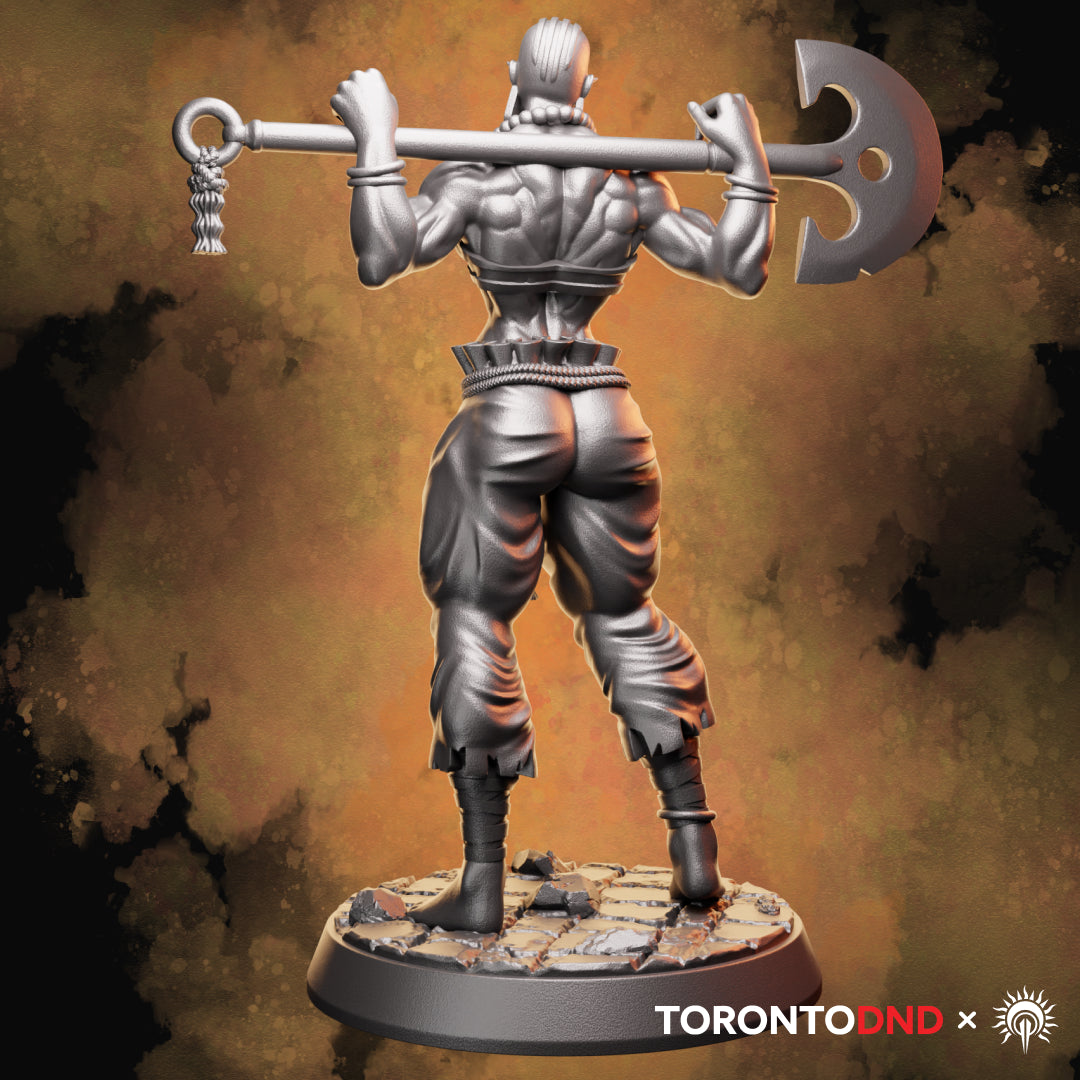 Rear view of a Goliath Barbarian resin miniature showcasing detailed back musculature and cloth folds from behind