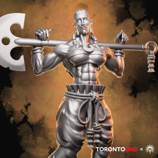 Cover of Goliath Barbarian tabletop miniature holding a massive double-bladed axe across their shoulders
