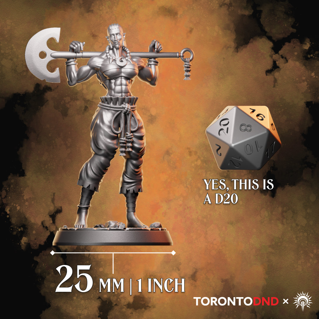 Scale comparison showing a Goliath Barbarian resin miniature beside a D20 to demonstrate tabletop size and proportions