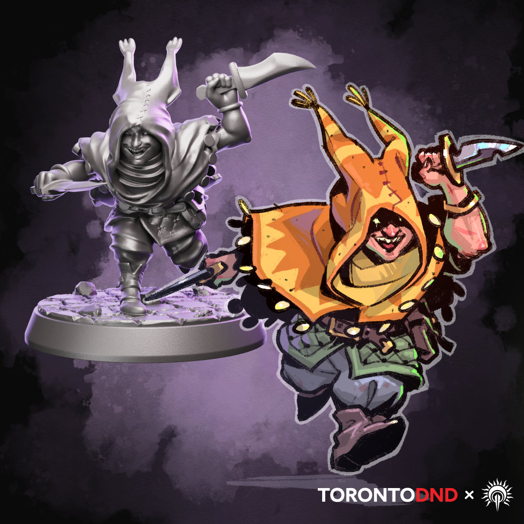 High-quality resin Halfling Rogue miniature displayed alongside original character artwork for Heroes of Tor’anoth