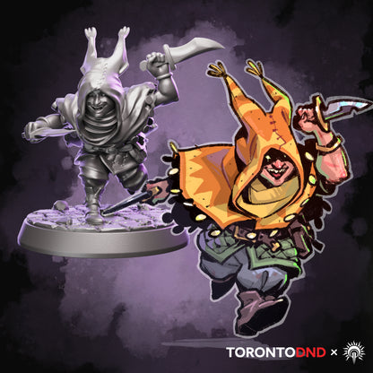 High-quality resin Halfling Rogue miniature displayed alongside original character artwork for Heroes of Tor’anoth