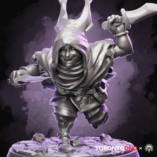 High-quality resin Halfling Rogue miniature sprinting forward with twin daggers, shown as a detailed render for tabletop RPG use