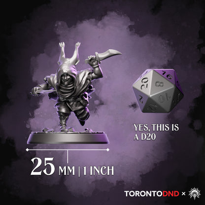 High-quality resin Halfling Rogue miniature shown beside a D20 to demonstrate 25mm base scale for tabletop RPGs