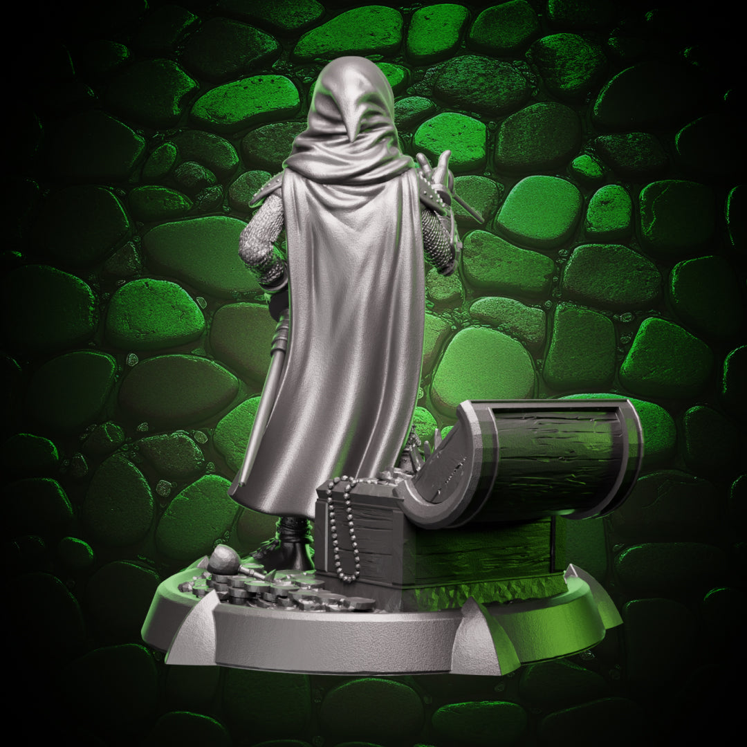 High quality resin miniature halfling thief back view showing cloak drape, armor straps, and rear sculpt detail, studio render