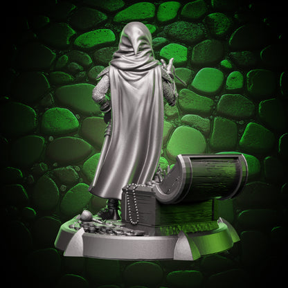 High quality resin miniature halfling thief back view showing cloak drape, armor straps, and rear sculpt detail, studio render