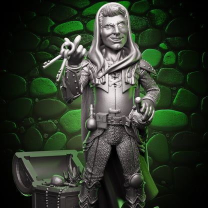High quality resin miniature halfling thief with hood and keys, detailed rogue character render for D&D and Pathfinder tabletop RPGs