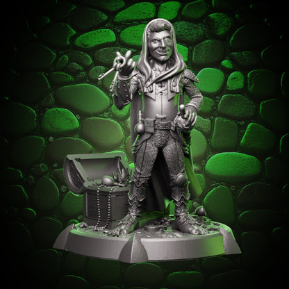 High quality resin miniature halfling thief front view showing hooded cloak, armor plates, belt gear, and confident stance for D&D and Pathfinder