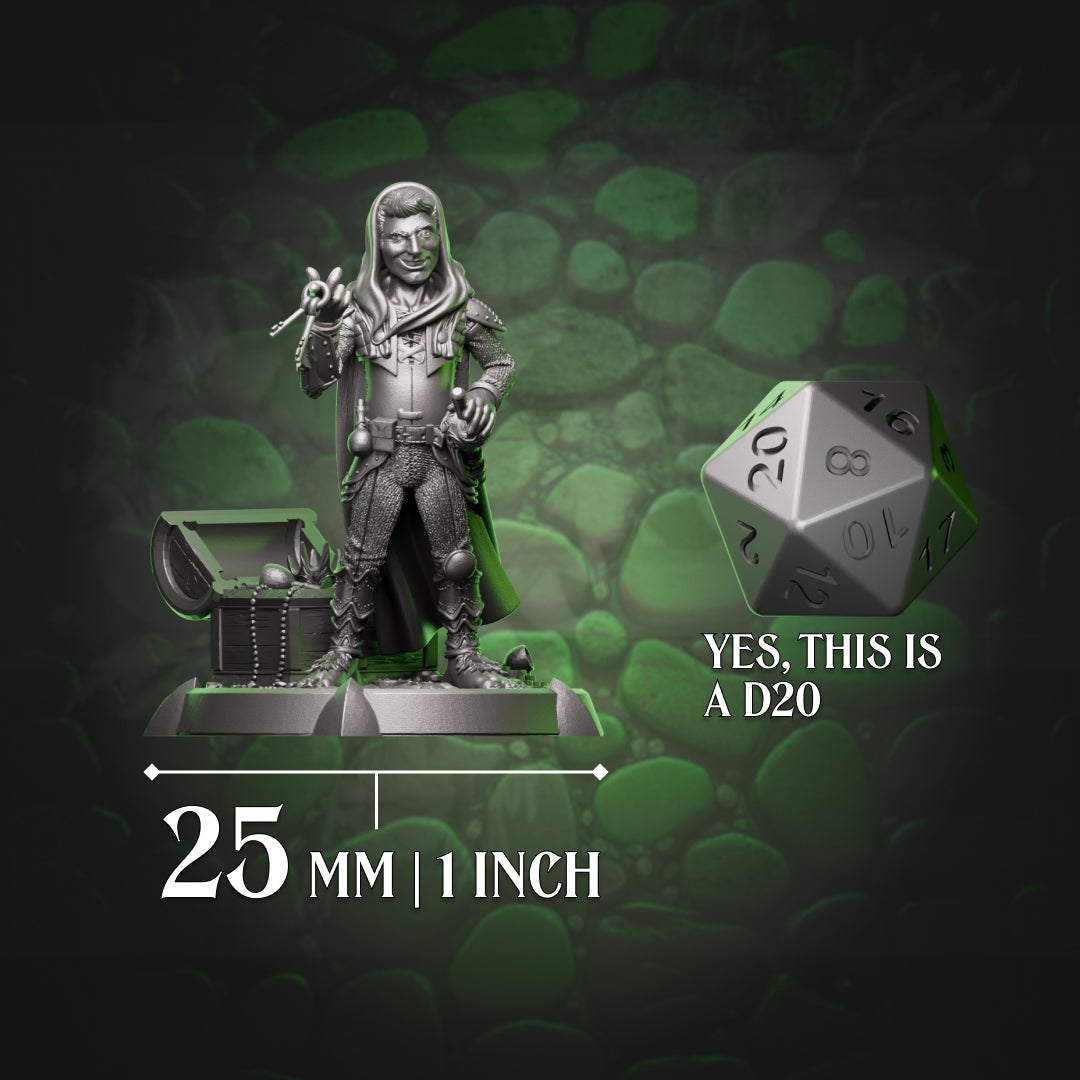 High quality resin miniature halfling thief beside D20 for 25mm scale reference, compatible with D&D and Pathfinder tabletop grids