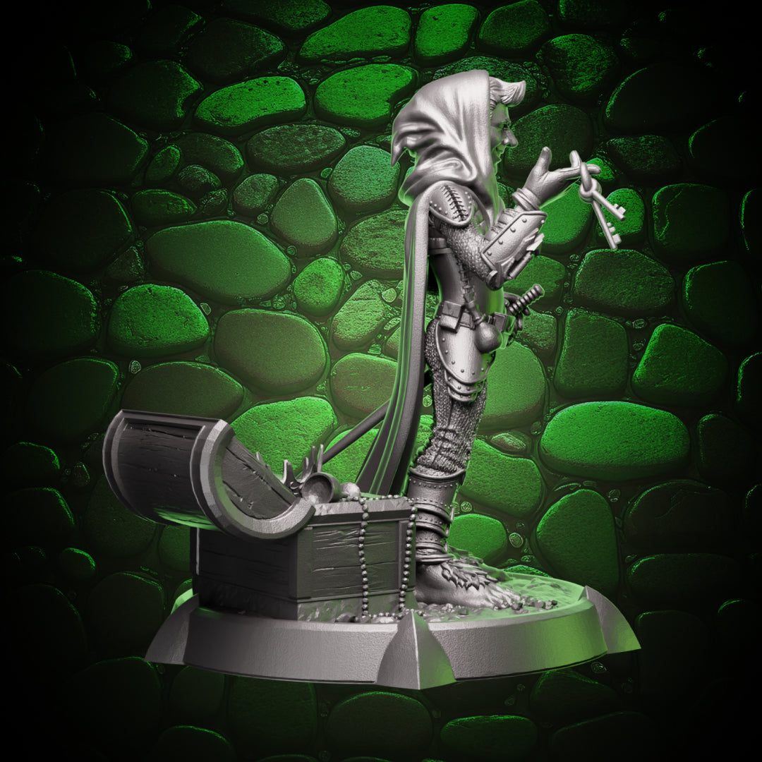 High quality resin miniature halfling thief side view highlighting cloak folds, light armor, and key ring details, render showing sculpt quality