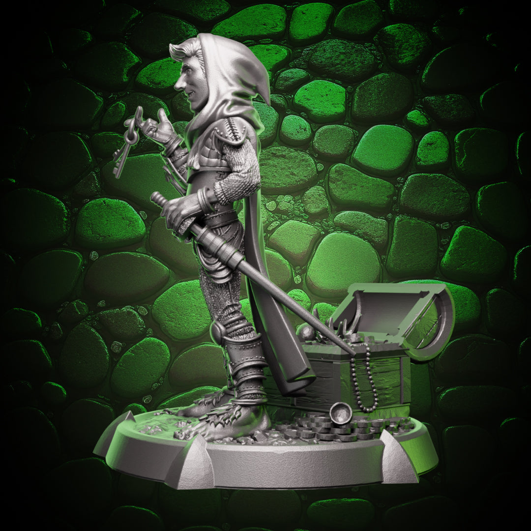 High quality resin miniature halfling thief alternate side angle showing pouch placement, layered clothing, and clean surface detail for painters