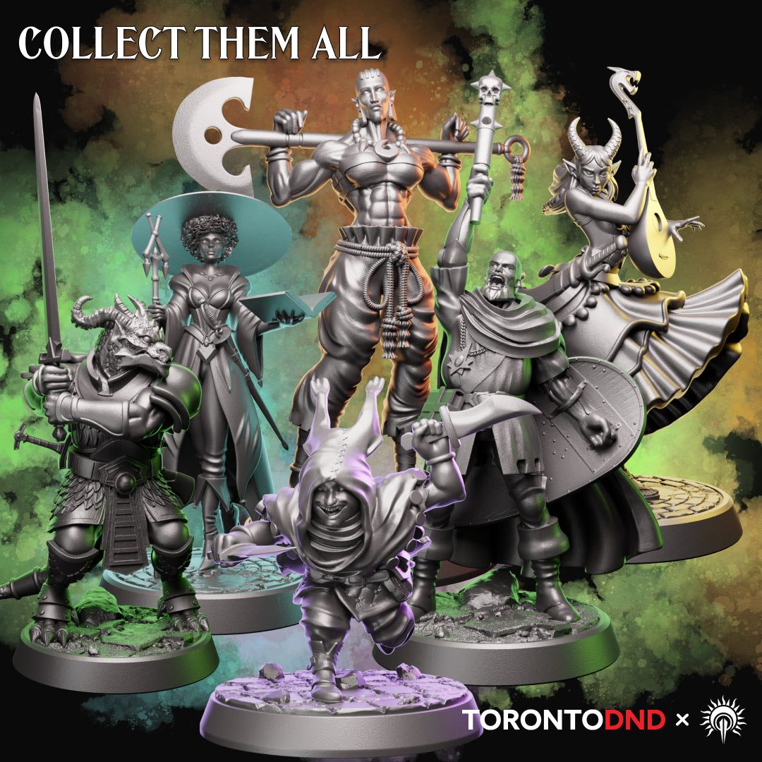 High-quality resin tabletop miniatures from the Heroes of Tor’Anoth collection displayed together, showcasing multiple character sculpts and cohesive fantasy design. Rendered lineup preview.