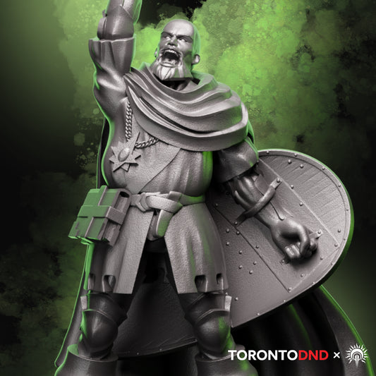 Cover zoomed in view of a high-quality resin tabletop miniature depicting a Human Cleric raising a skull-topped mace and shield, captured in a triumphant, battle-ready pose. Rendered preview of the sculpt.