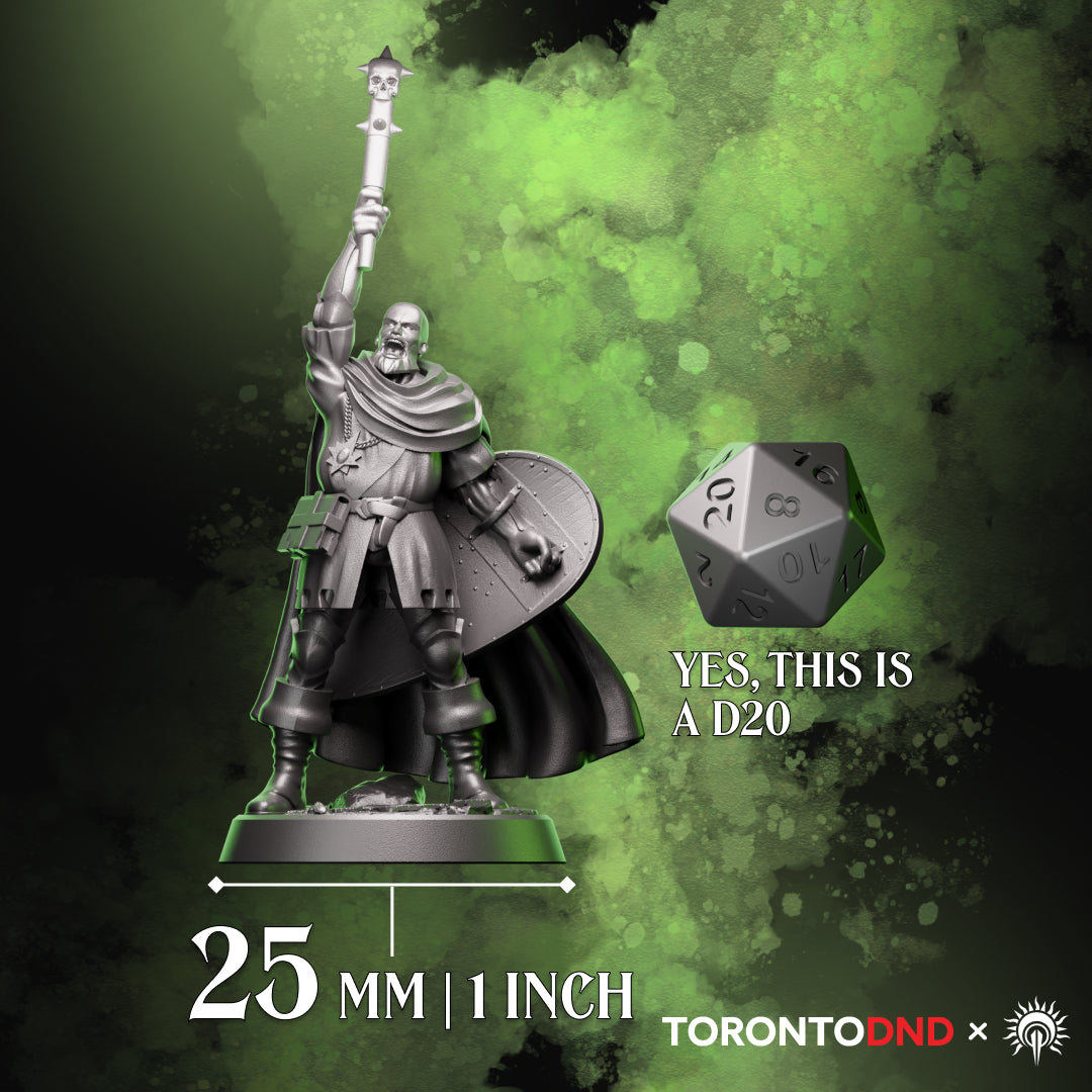 High-quality resin tabletop miniature showing a Human Cleric scaled to a 25mm base beside a reference D20, demonstrating accurate tabletop proportions and heroic scale. Rendered preview of the miniature.