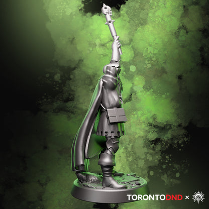 Side view of a high-quality resin tabletop miniature showing the Human Cleric’s raised mace, layered cloak, and shield profile, emphasizing the dynamic vertical pose. Rendered preview.