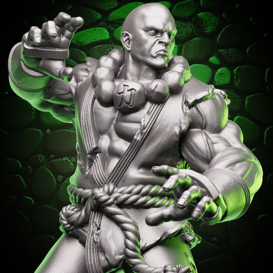 Close up of a Human Monk Stonefist style miniature in a tense fighting stance, wearing large prayer beads and a rope belt, lit green against a stone textured background.