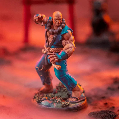 Painted Human Monk Stonefist miniature in a blue gi and rope belt, standing in a ready fighting stance on a rocky grass base against a black background.