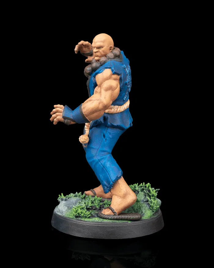 Rear three quarter view of the painted Human Monk Stonefist miniature, emphasizing leg details, blue gi patterns, and the lush greenery on the base.
