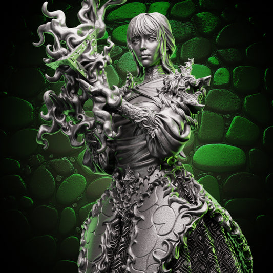 Human Sorcerer miniature holding arcane prism focus, resin figure with flowing robes and magical flame effect for D&D and tabletop RPGs.