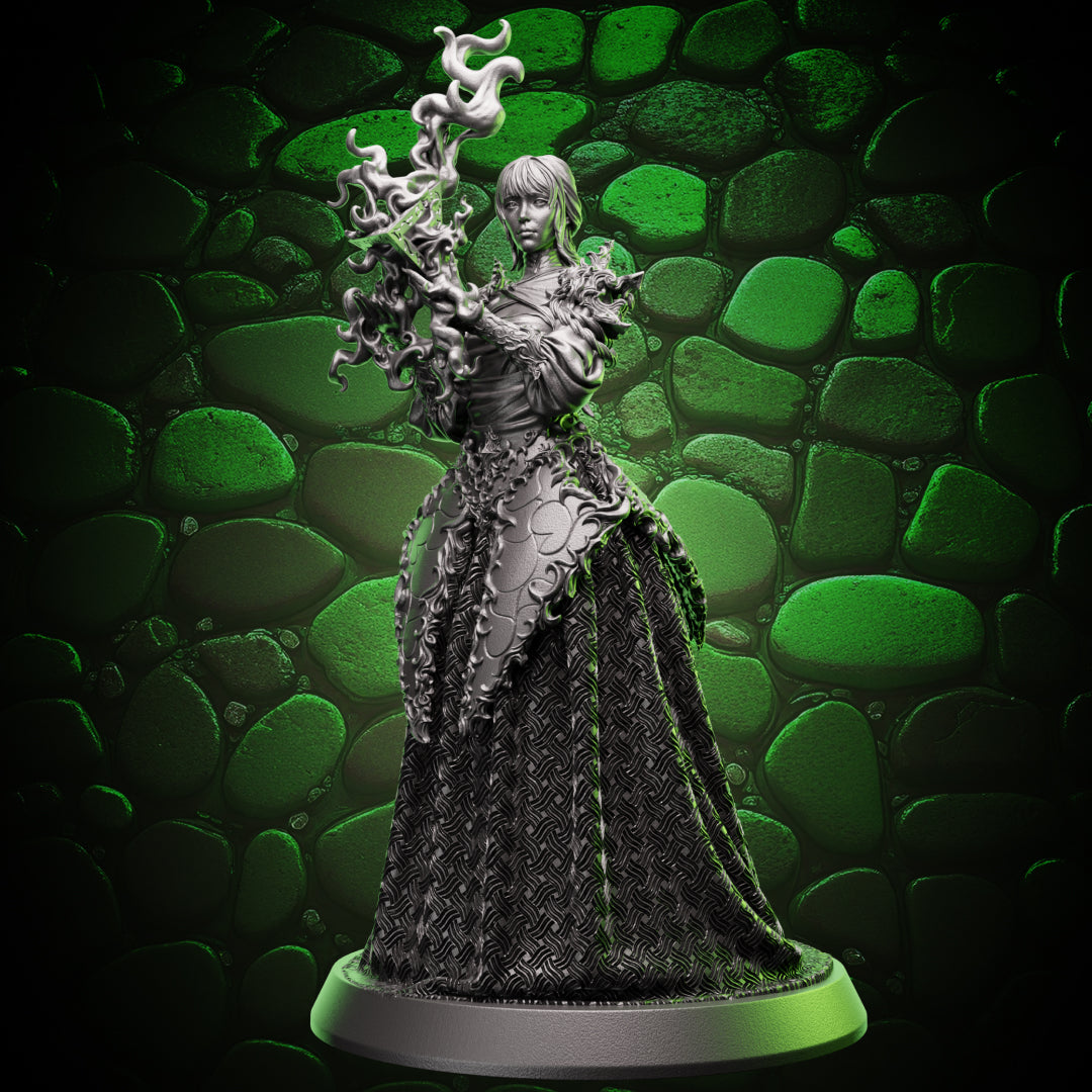 Front view of Human Sorcerer mini wielding prism focus with swirling arcane energy, detailed resin sculpt for D&D spellcasters and RPG games.