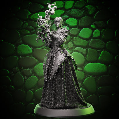 Front view of Human Sorcerer mini wielding prism focus with swirling arcane energy, detailed resin sculpt for D&D spellcasters and RPG games.