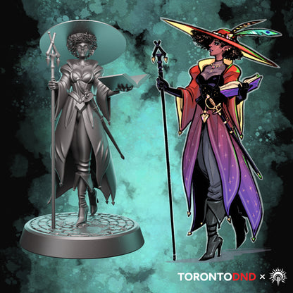 Comparison image showing the Human Wizard miniature beside the original illustrated character art from the Heroes of Tor’anoth collaboration with TorontoDND