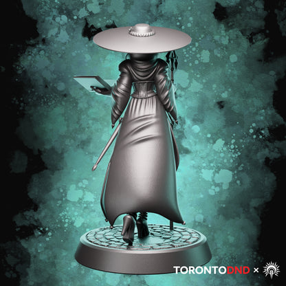 Rear view of a Human Wizard miniature showcasing robe flow, hat brim, and overall silhouette