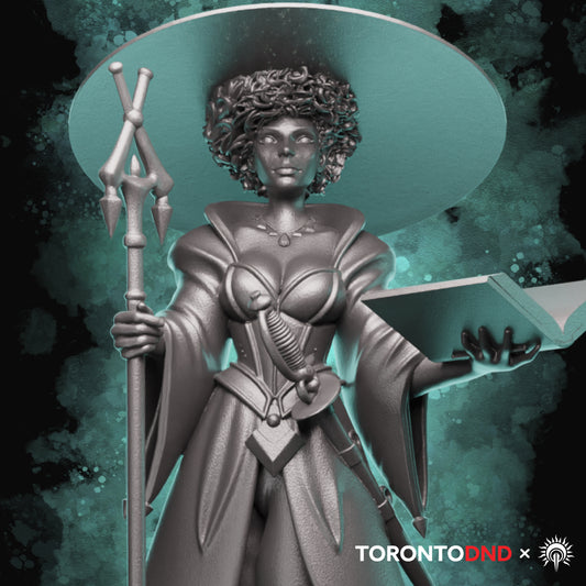 Cover image of a Human Wizard miniature holding a staff and open spellbook, posed confidently on a round base