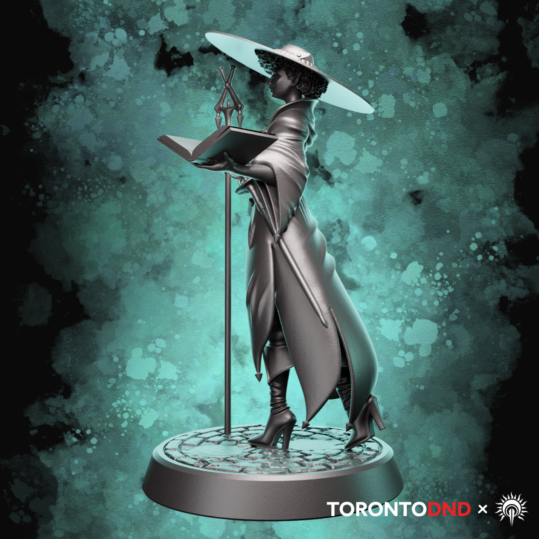 Right side view of a Human Wizard miniature showing hat profile, robe drape, and balanced stance