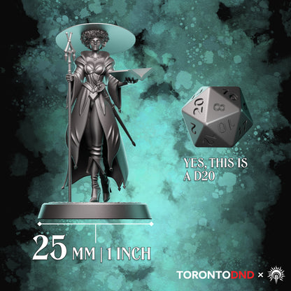 Scale reference image showing the Human Wizard miniature on a 25mm base next to a D20 for size comparison
