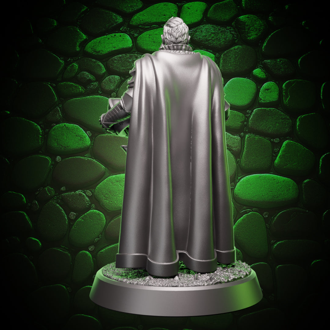 Rear angled view of human paladin miniature highlighting cape flow and armor layering for painters and tabletop use