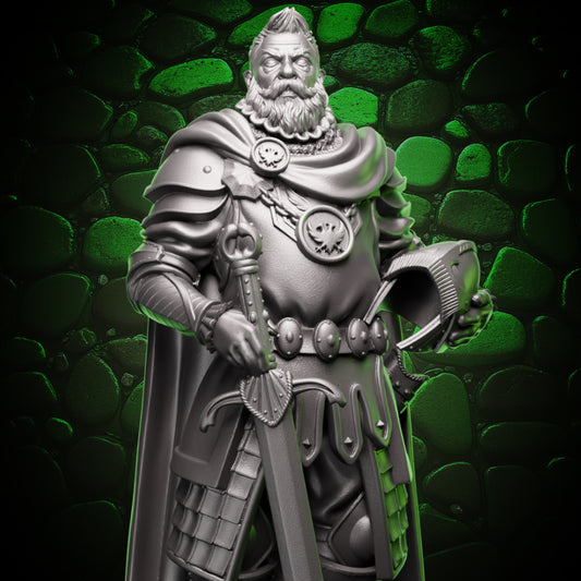 Human paladin miniature in heavy armor holding sword and helmet, veteran character figure for D&D and Pathfinder tabletop RPGs