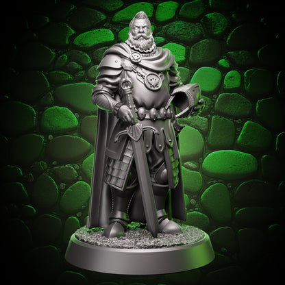 Front view of human paladin miniature with beard, layered armor plates, and sheathed sword, physical tabletop mini for D&D and Pathfinder