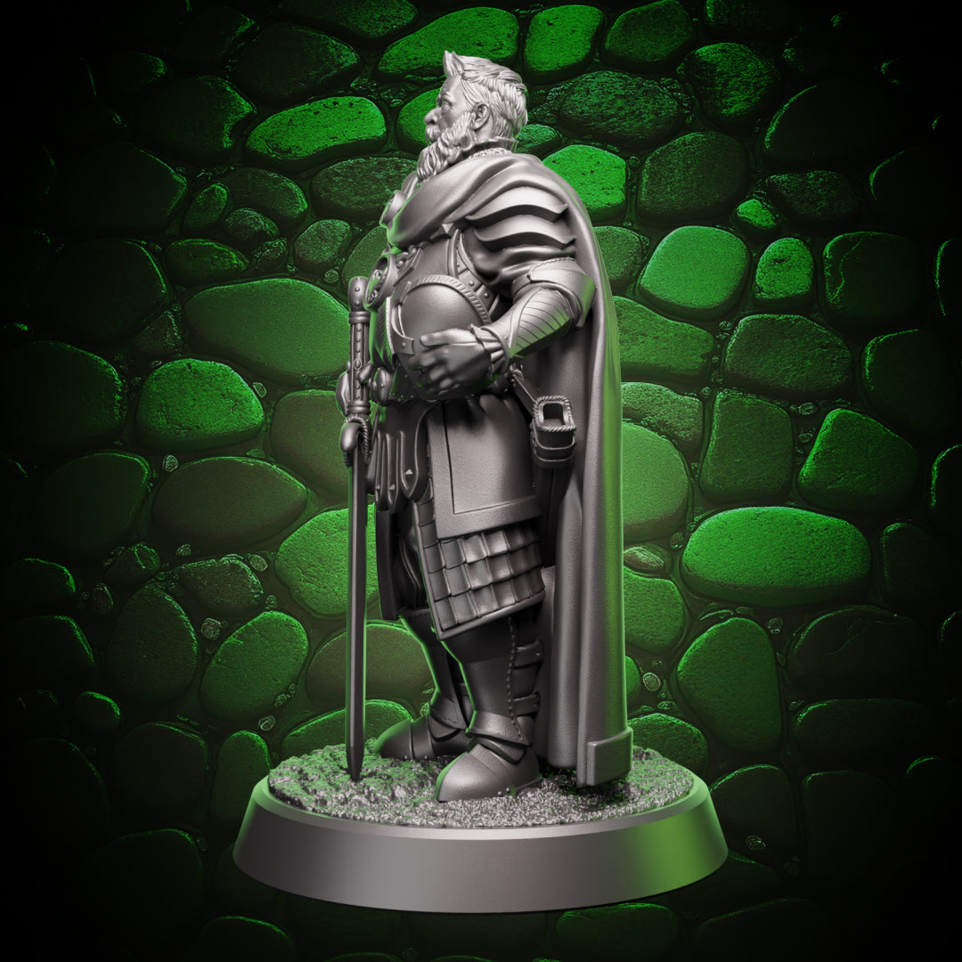 Angled front view of human paladin mini showing chest emblem, belt details, and armor texture for tabletop roleplaying games