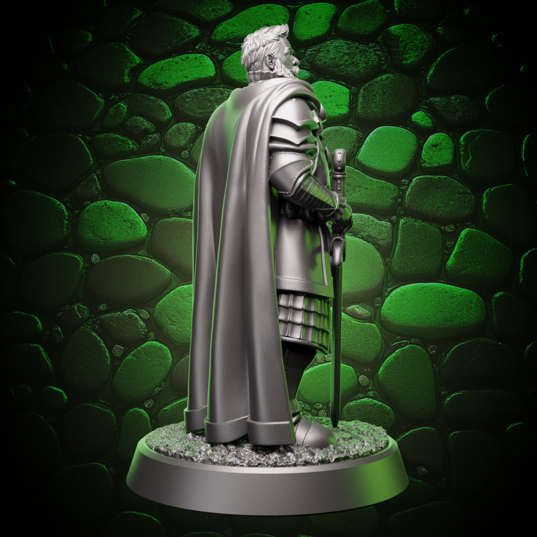 Side view of human paladin miniature showing sword hilt, armor depth, and balanced stance for fantasy tabletop RPG play
