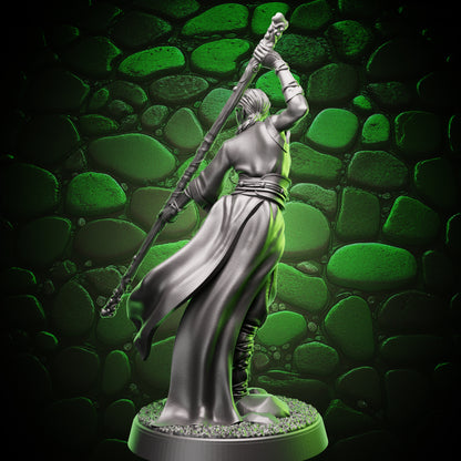 Back view of human monk quarterstaff fighter showing robe drape, tied sash, and staff grip detail