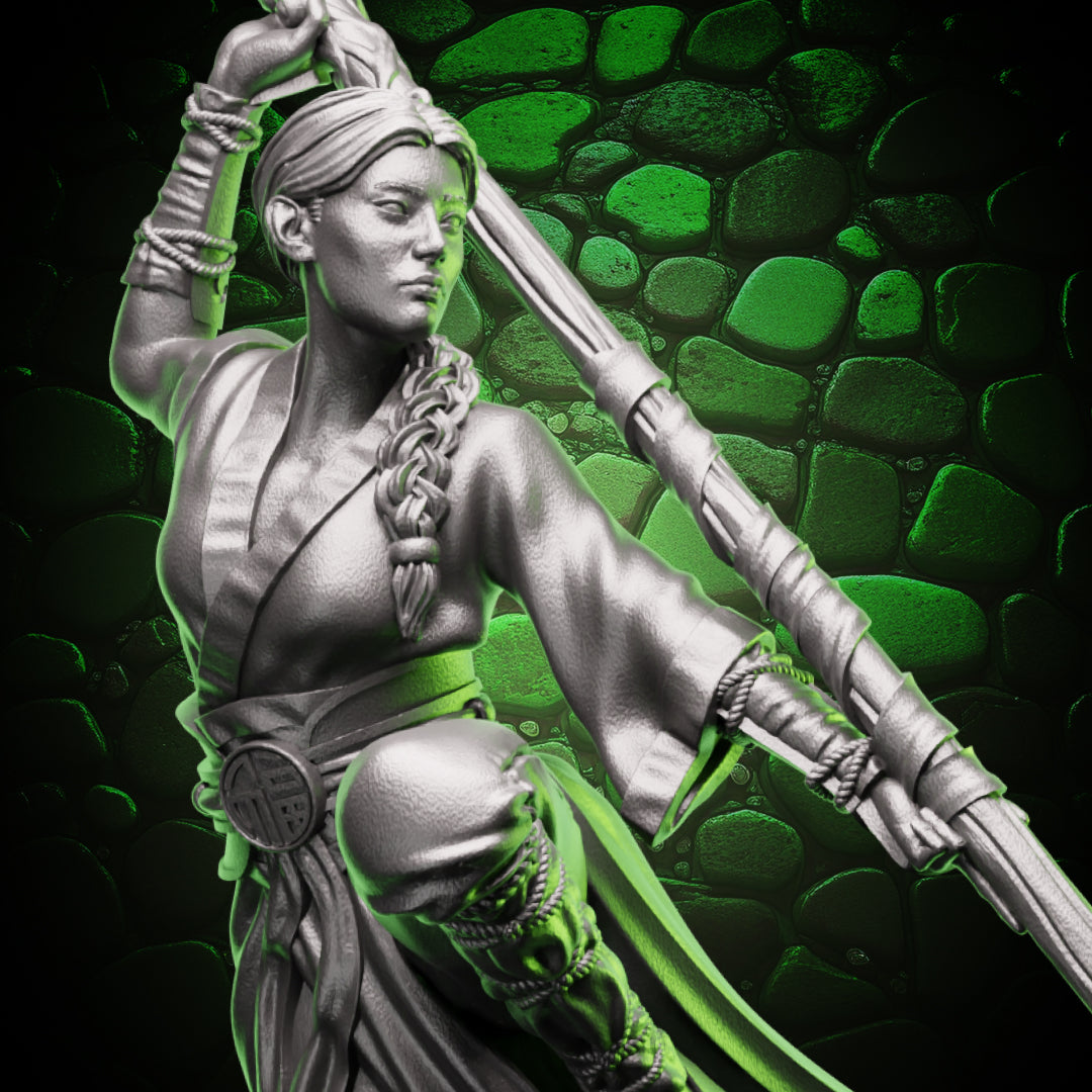 Human monk with quarterstaff, martial artist pose, detailed wraps and braid for D&D and Pathfinder tabletop RPGs