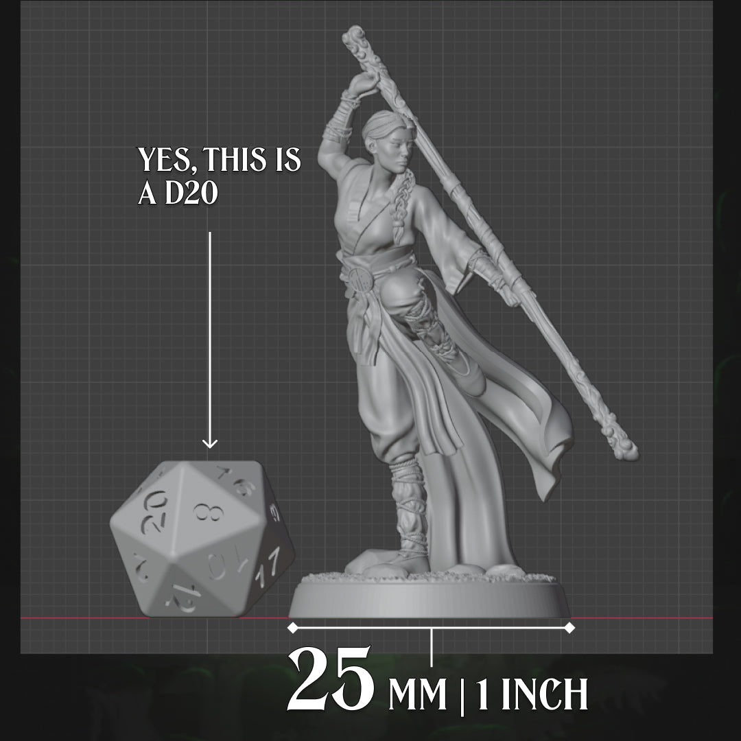 Human monk with quarterstaff beside a D20 for 25mm scale reference, compatible with D&D and Pathfinder