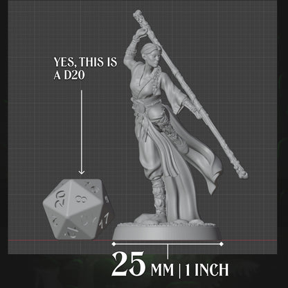 Human monk with quarterstaff beside a D20 for 25mm scale reference, compatible with D&D and Pathfinder