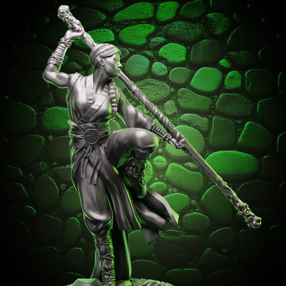 Side angle of human monk with raised quarterstaff, dynamic kick stance and cloth folds for tabletop adventures