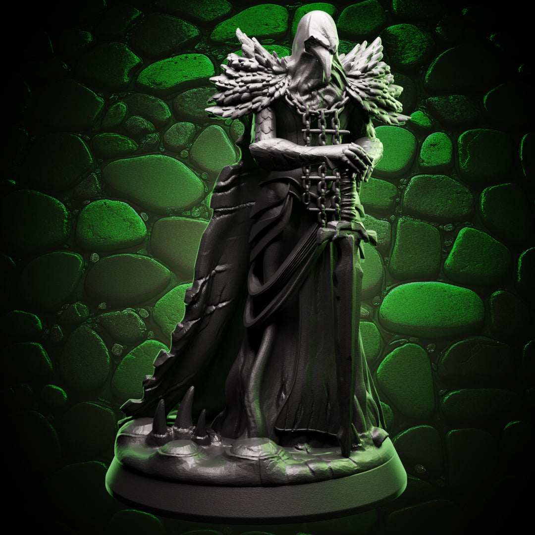 Front view of a Kenku Fighter miniature holding a sword on a 1-inch base.