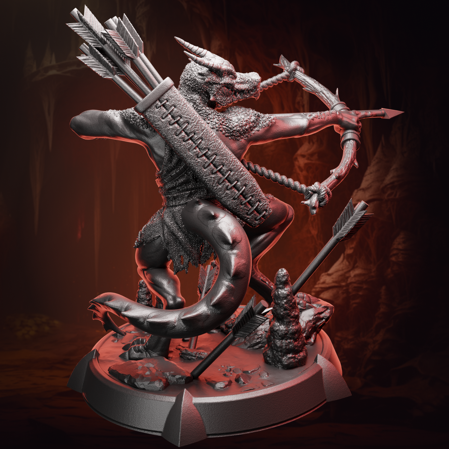 Back view of the Kobold Archer miniature displaying quiver, tail, and armor details for tabletop use or display.